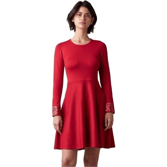 JASON WU 221869 RED SEQUIN CUFF KNIT FIT & FLARE LONG SLEEVE HOLIDAY DRESS - Picture 1 of 14